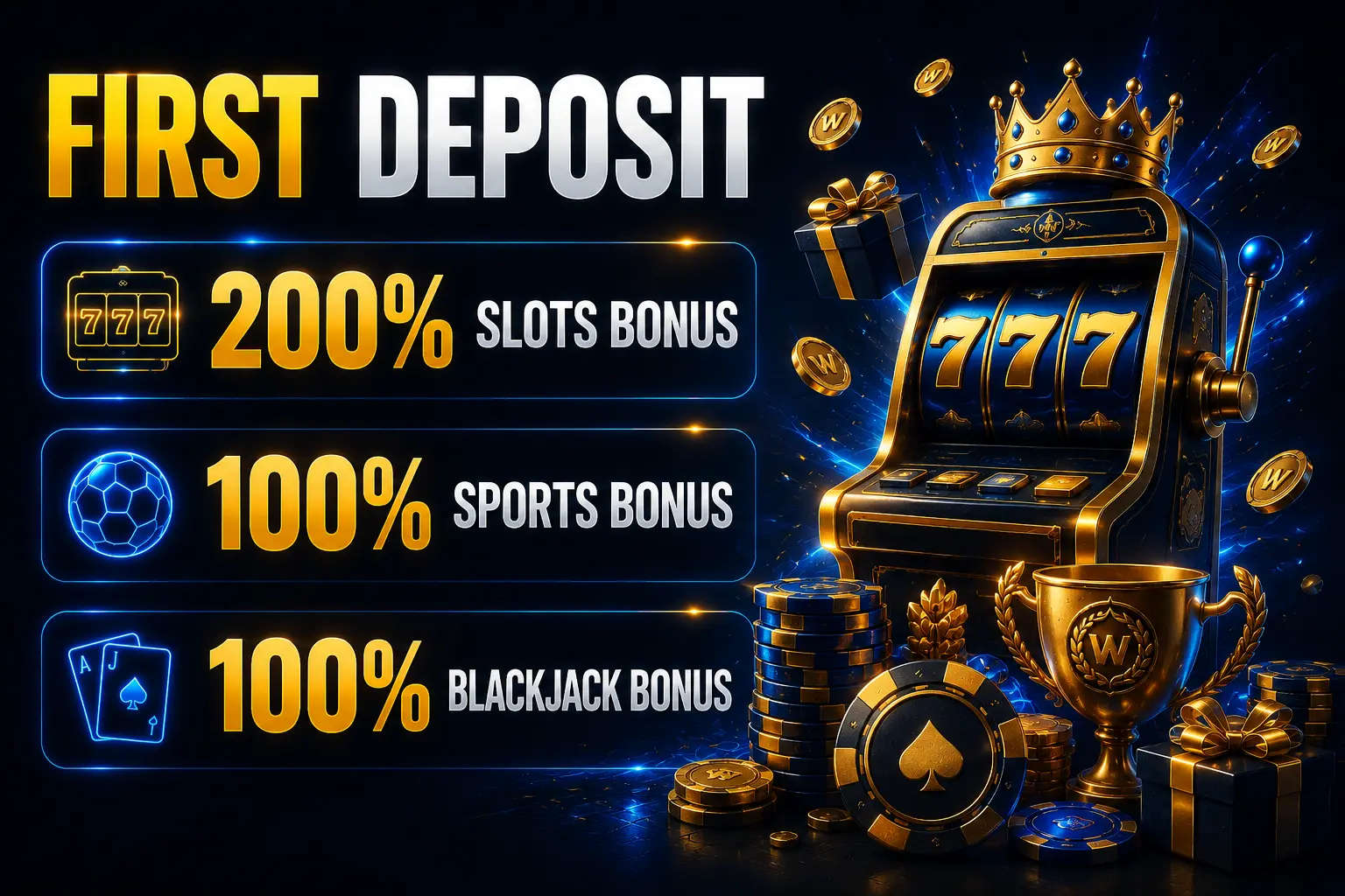 TrueWin First Deposit bonus — 200% Slots, 100% Sports, 100% Blackjack
