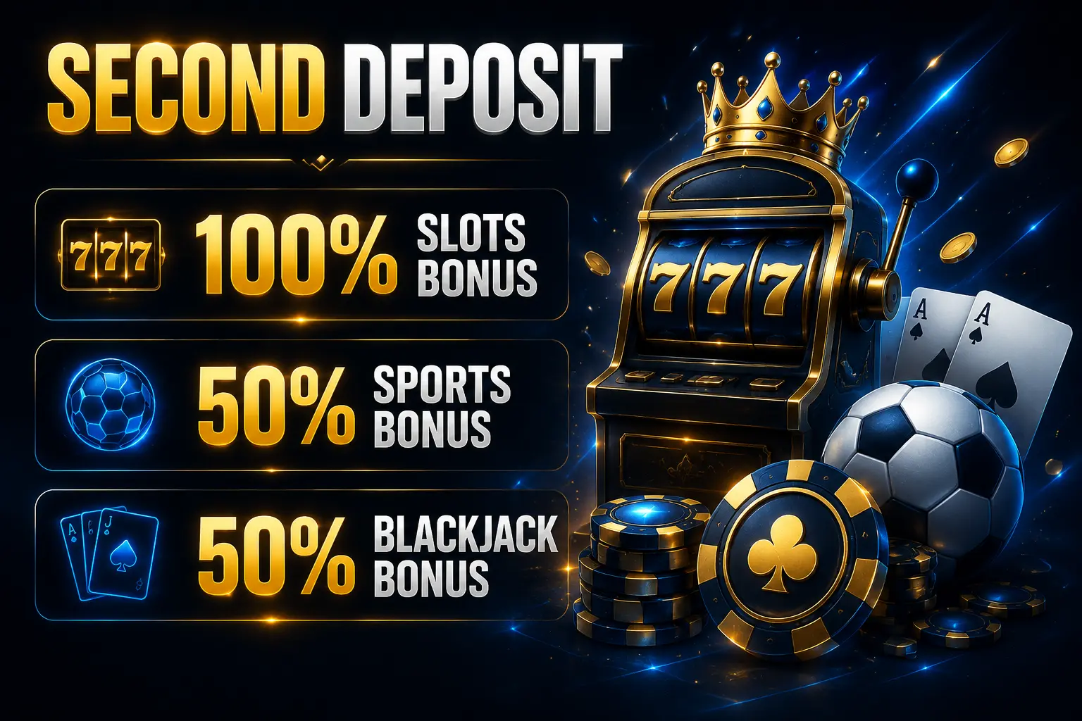 TrueWin Second Deposit bonus — 100% Slots, 50% Sports, 50% Blackjack